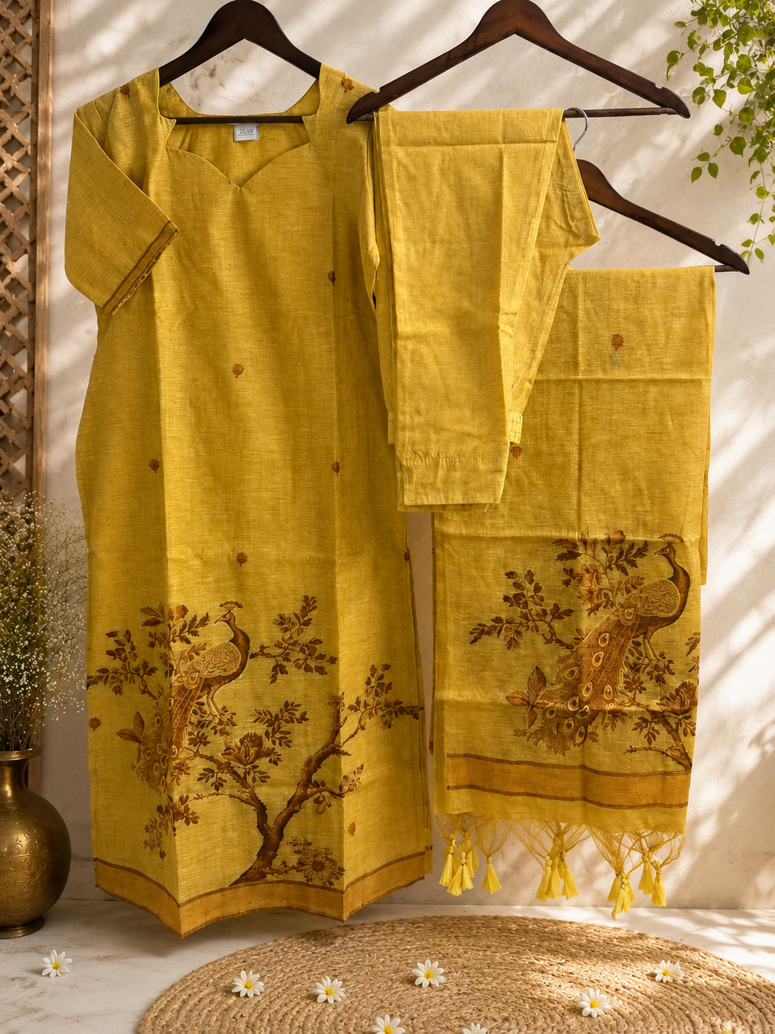 Golden Mustard Tissue Jamdani Kurta Set