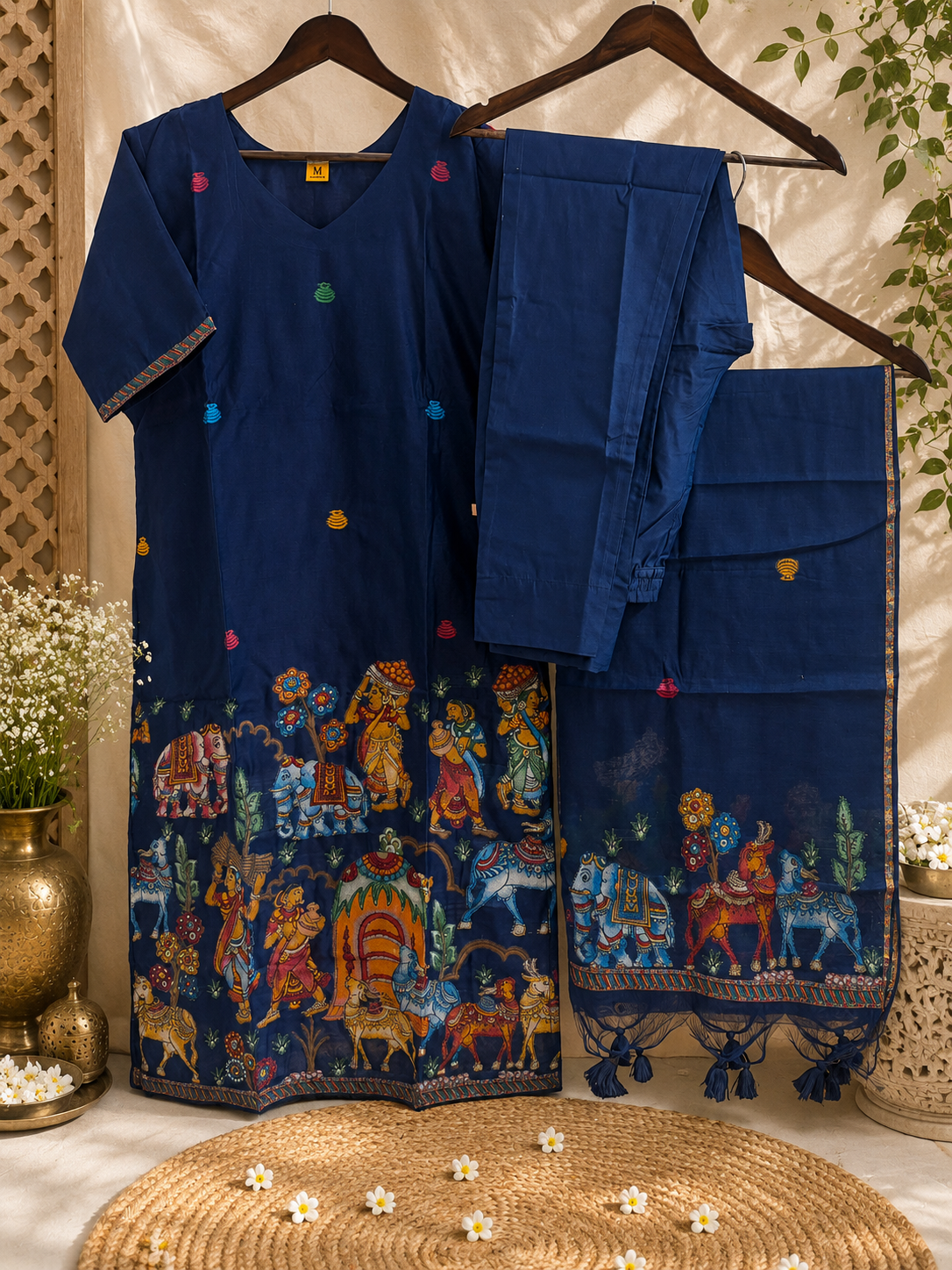 Royal Blue Heritage Kalamkari Jamdani Kurta Set
