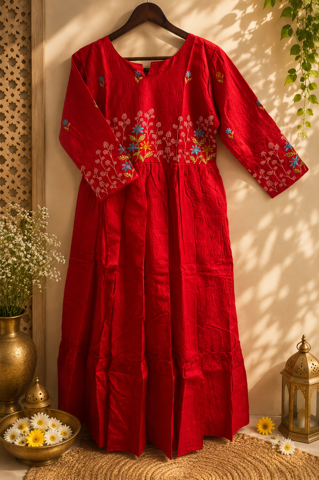 Ruby Red Raw Silk Dobby Frock