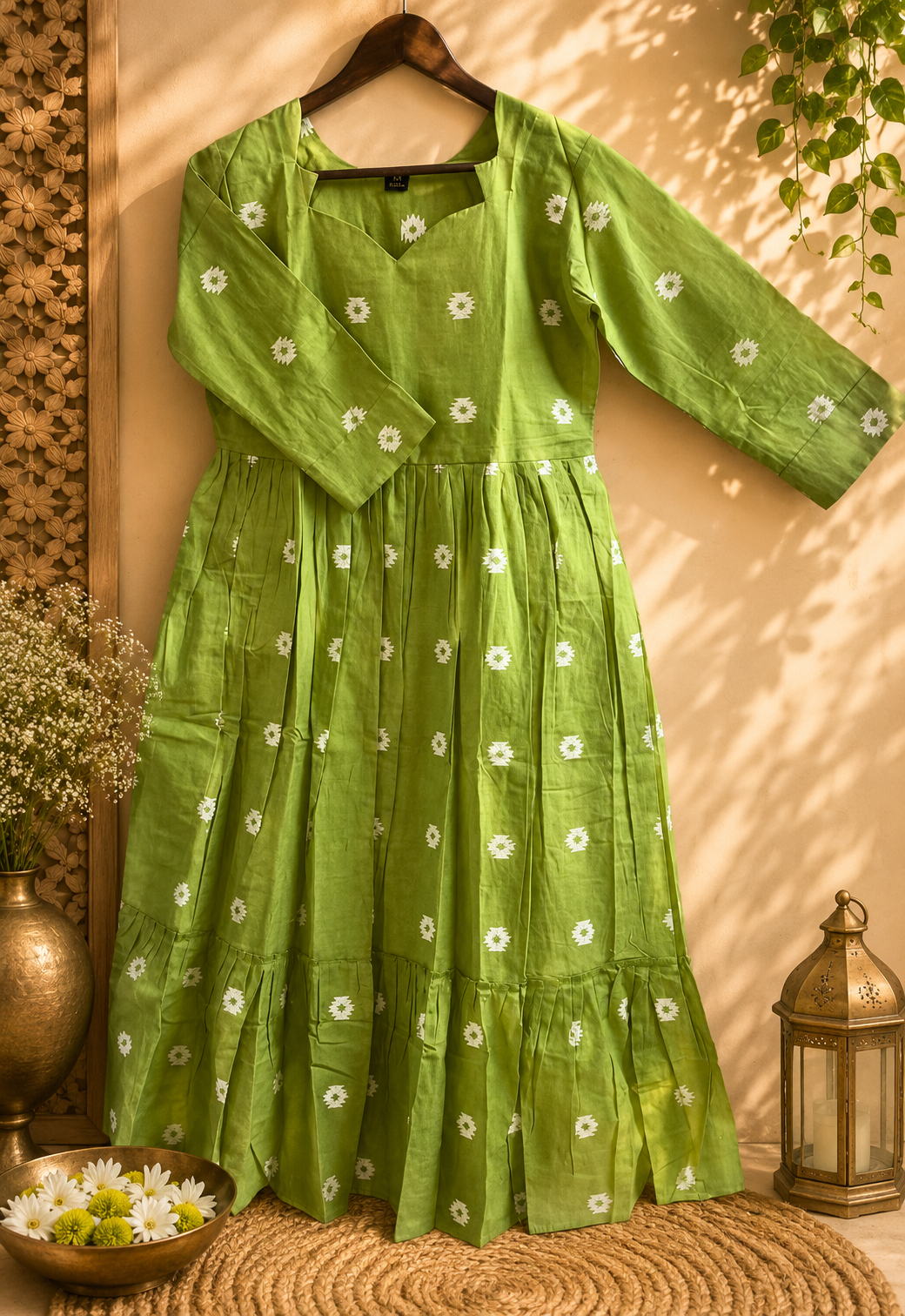 Pista Green Cotton Dobby Frock
